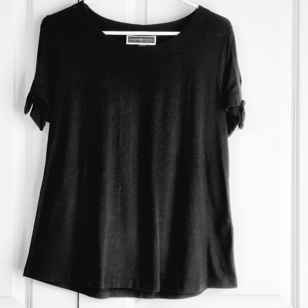 Karen Scott black casual top, split short sleeves with gromets & ties, size M